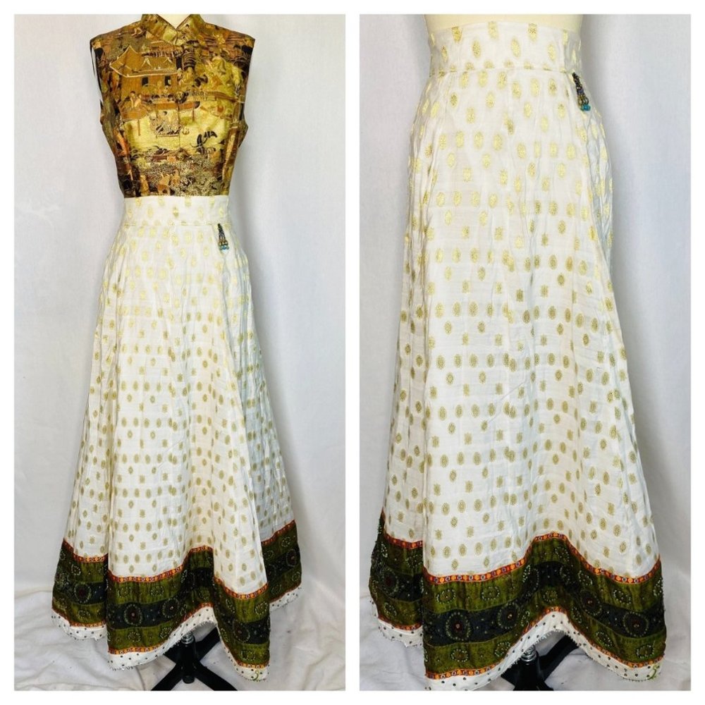 Vintage 70s High Waist Embellished Maxi Skirt Sz XL Extra Large White Gold Hippy